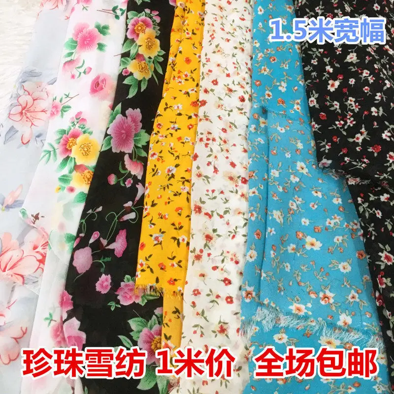 

100*150cmprinted chiffon floral fabrics for sewing ancient costume Hanfu skirt small floral dress garment cloth black blue white