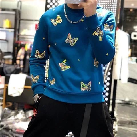 

Мужская Уличная Толстовка в стиле хип-хоп на осень/зиму 2021, повседневный Модный облегающий пуловер с круглым вырезом и принтом бабочки