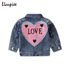 Детская джинсовая куртка, с отложным воротником, длинными рукавами, украшенная бисером, в форме сердца и блестками, для маленьких девочек, осень