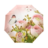 beautiful pink rose butterfly print women rain umbrella anti uv three folding automatic umbrella travel sun protection umbrella
