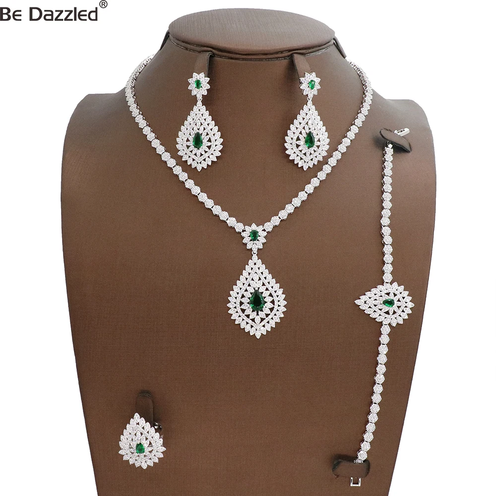 

Fashion Saudi Water Drop Pendant Rhodium Plated Green Zircon Stone Bridal Wedding Necklace Earrings Jewellery Set