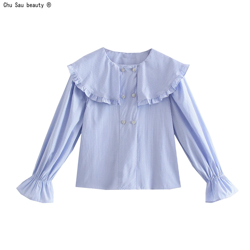 

2021 Autumn Fashion New Vintage Peter Pan Collar Plaid Edible Tree Fungus Double Breasted Puff Sleeve Short Shirt Women Sweet