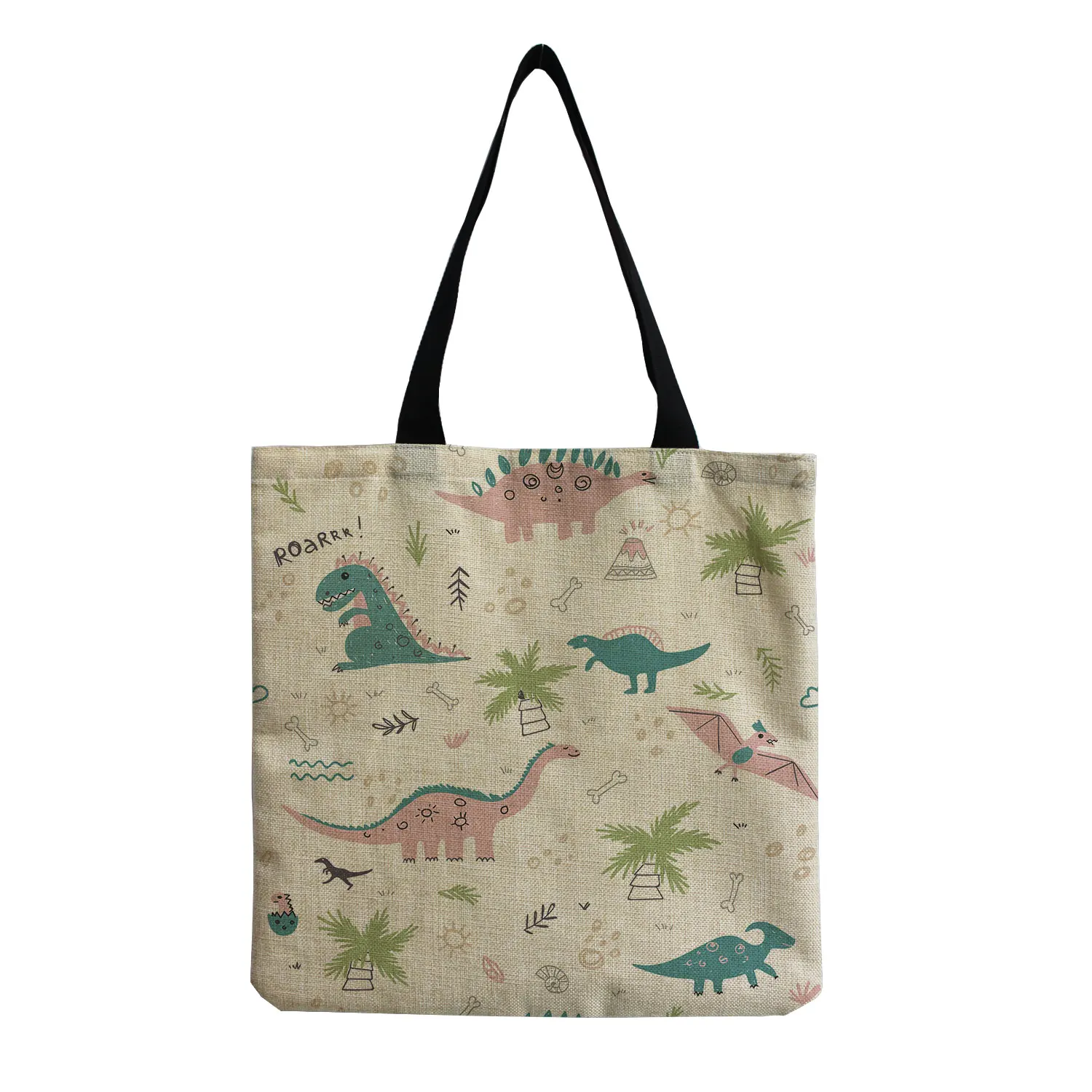 Cute Refreshing Dinosaur Floral Shopper Bag Plant Casual Preppy Open Pocket Handbag Student All-Match Practical Carry School Bag