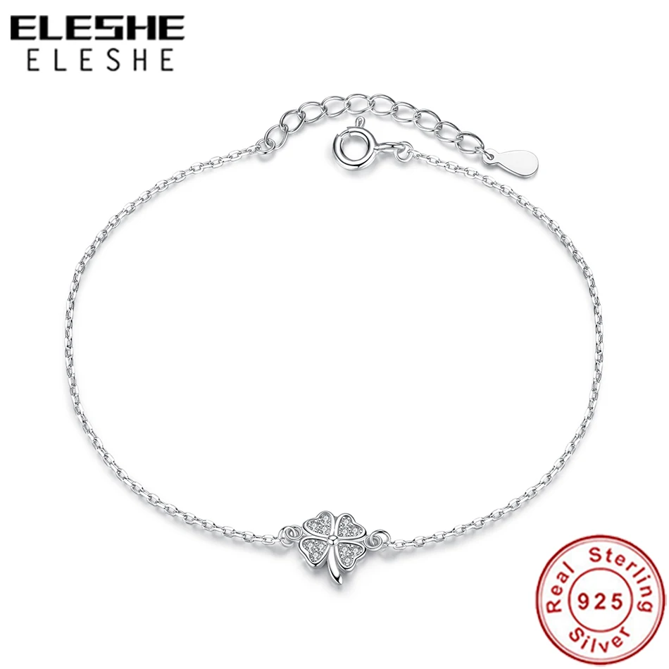 

ELESHE Authentic 925 Sterling Silver Lucky Four Leaf Clover Charm Bracelet Zircon Link Chain Bracelet for Women Original Jewelry