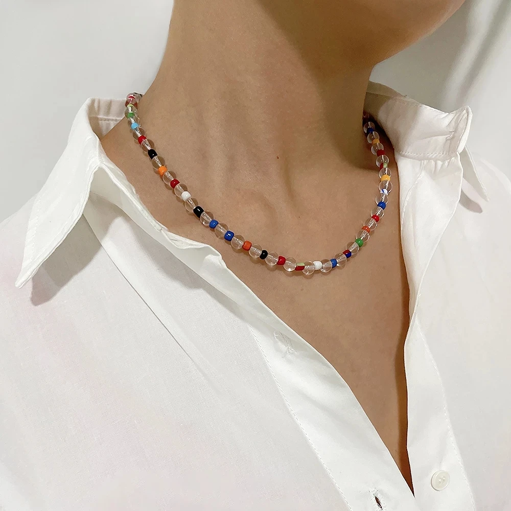 

Ghidbk Handmade Rainbow Glass Acrylic Bead Chain Choker Coloful Transparent Beads Necklaces For Women Boho Summer Necklace Gifts