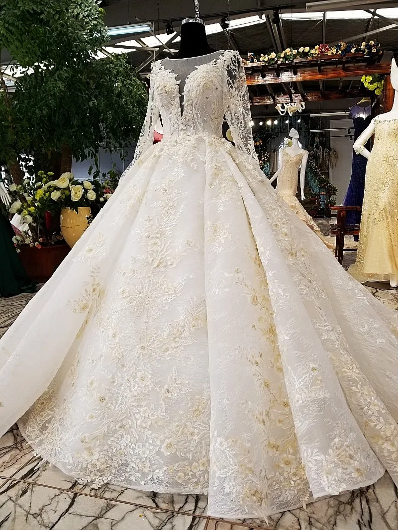 BGW HT4814 Ball Gown Champagne Wedding Dress 2020 O Neck Tulle Long Sleeve Bridal For Big Puffy Skirt Vestido Boda |