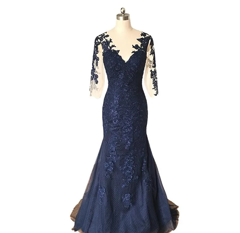 

Formal Navy Blue Lace Long Mermaid Mother of the Bride Groom Dresses Sheer Half Sleeve Sexy V Neck Women Evening Prom Vestidos