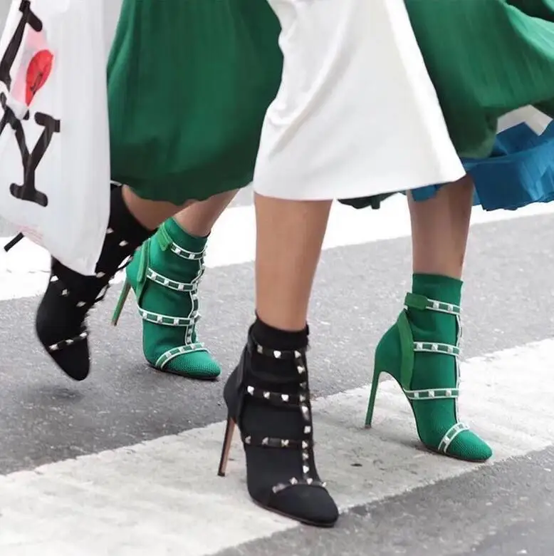 Botas de calcetin mujer punto comodidad botas tobillo tacón alto cuadradas moda puntiagudos zapatos elarsticos|Женские