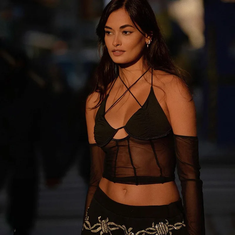 Женские сексуальные сетчатые Лоскутные прозрачные блузки топы с лямкой на шее