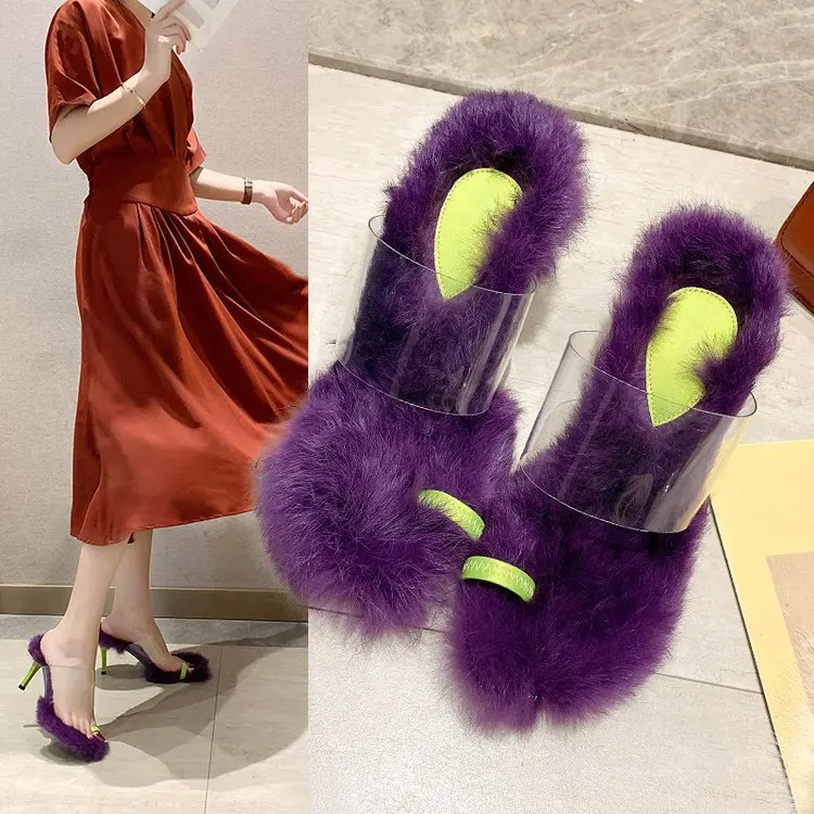 Модные зимние женские меховые тапочки на тонком каблуке Новинка женская обувь с