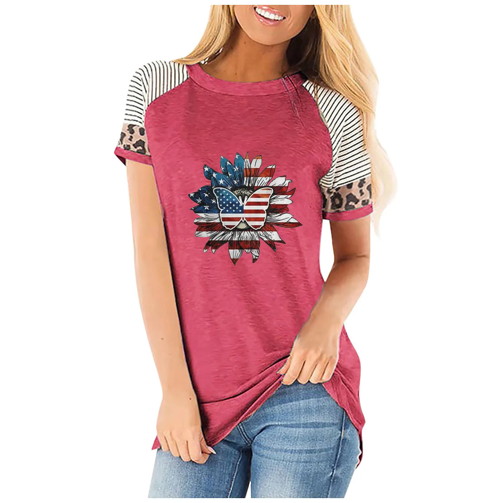 

New Camouflage Splicing Short Sleeve T-shirt Summer Round Neck Solid Color Tops Retro Casual Loose Pullover Women Print Tee