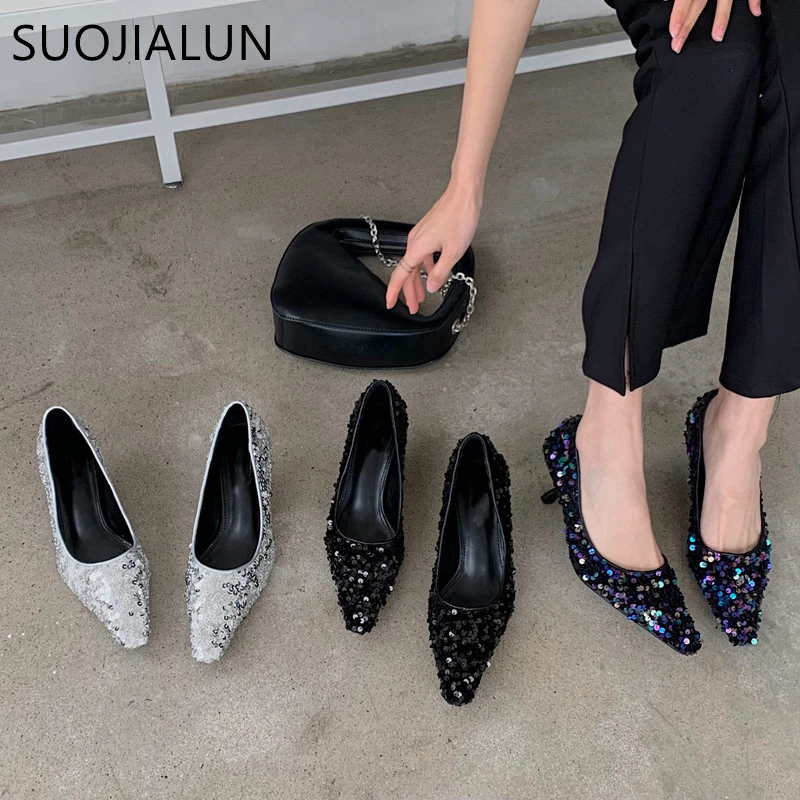 

Женские туфли-лодочки с блестками SUOJIALUN, новые брендовые туфли на тонком высоком каблуке, вечерние туфли-лодочки для женщин, 2022