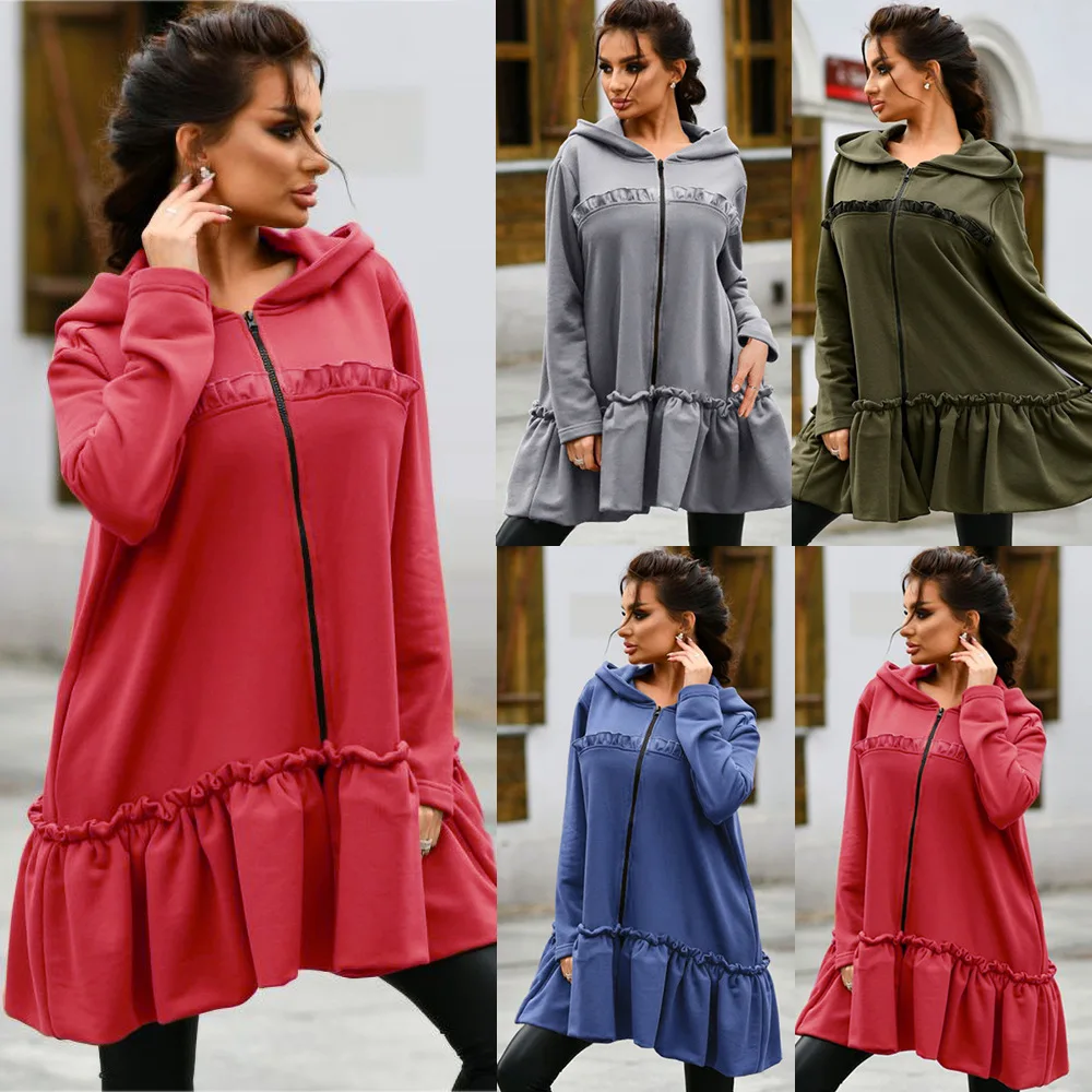 

Fashion casual ladies long sweater coat autumn and winter new style hooded zipper long-sleeved loose large size coat jacket