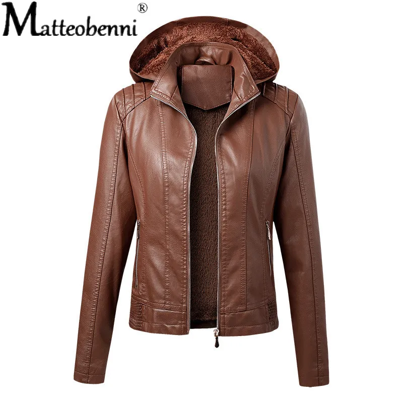 

New Women Jacket Solid Zipper Pu Leather Biker Jackets Autumn Winter Faux Fur Tunic Outerwear Female Oversize Hooded Velvet Coat