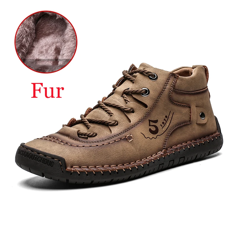 Khaki Fur Брендовые мужские зимние ботинки зимние плюшевые теплые мужские мотоциклетные ботинки мужские Нескользящие ботильоны на шнуровке Водонепроницаемая Осенняя мужская Рабочая обувь - Цвет: Khaki Fur