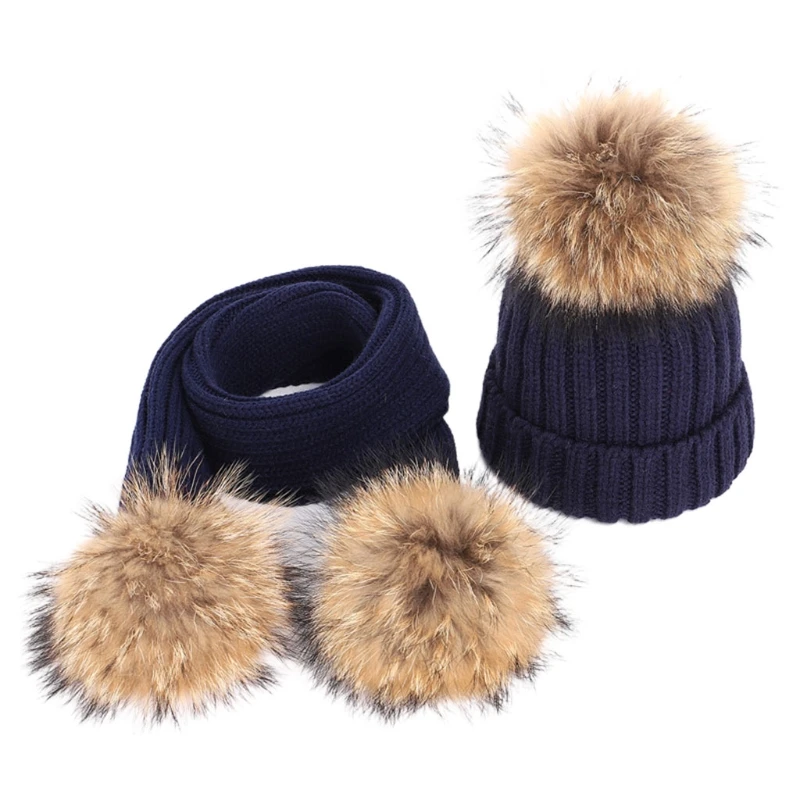 

2pcs Children Knitted Beanie Hat Long Scarf Set Infant Baby Fake Fur Ball Pom
