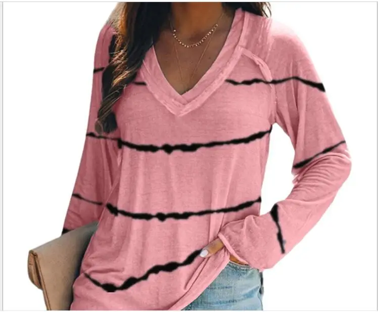 

Autumn winter 2020 European and American cross border foreign trade women's tie dye stripe printed V-Neck long sleeve T-shirt fo