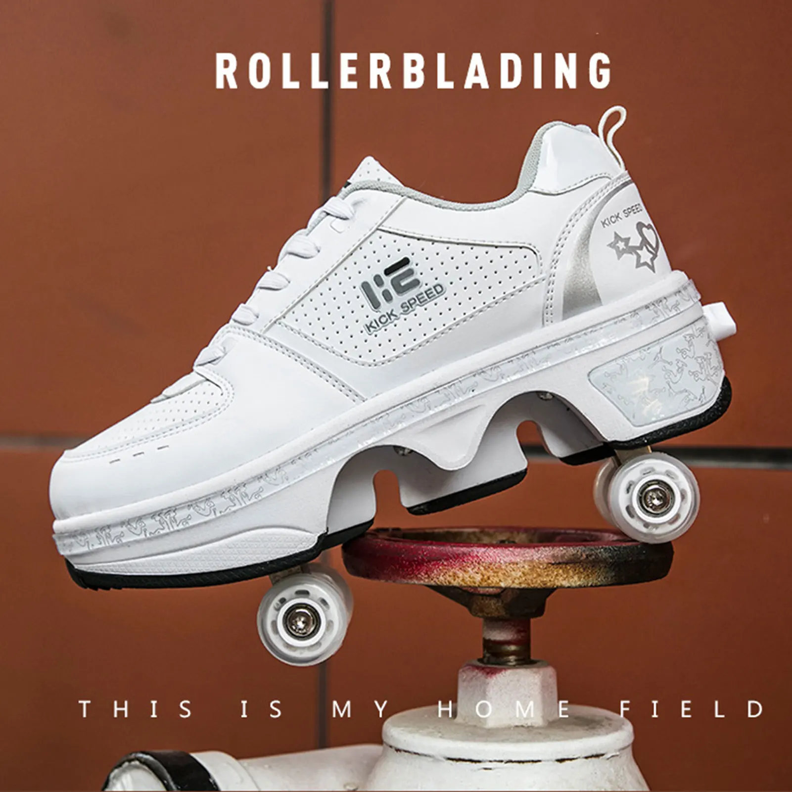 PU Wheel Deformation Roller Shoes Unisex Invisible Pulley Skating Shoes Four Wheels Rounds Parkour Shoes Breathable Sneakers