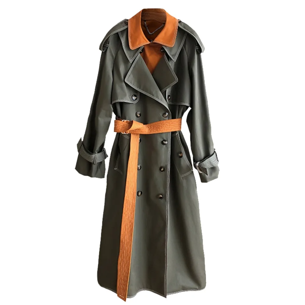 

Autumn New 2020 Women Trench Coat Outwear Long Double Breasted Windbreaker Patchwork Fake Two Women Coats QZ87706S