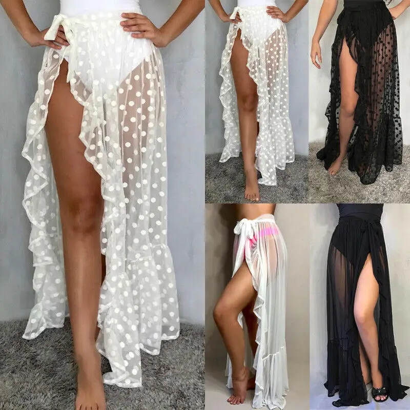

Women Bikini Cover Up Swimwear Sheer Mesh Skirt Beach Maxi Wrap Long Skirt Dress