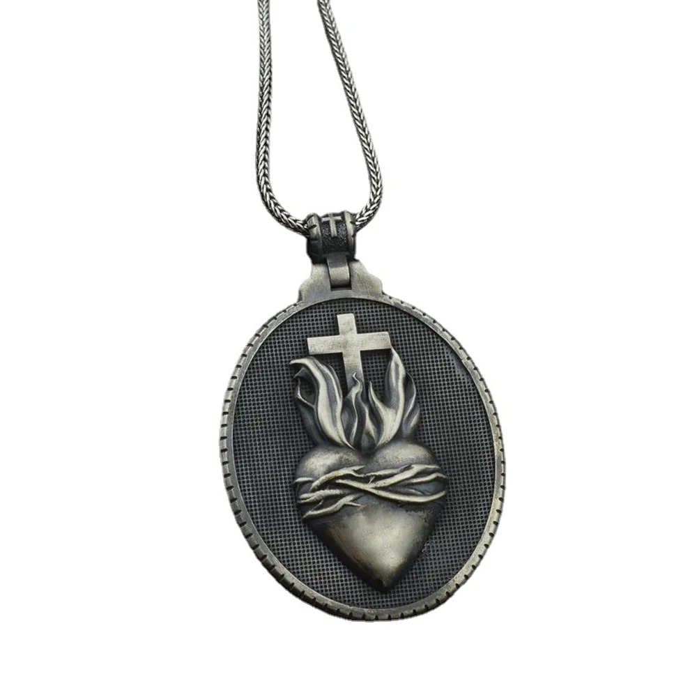 

Christian Jesus Sacred Heart Medal Round Cross Pendant Necklace Men's Catholic Religious Pendant Chain Necklace