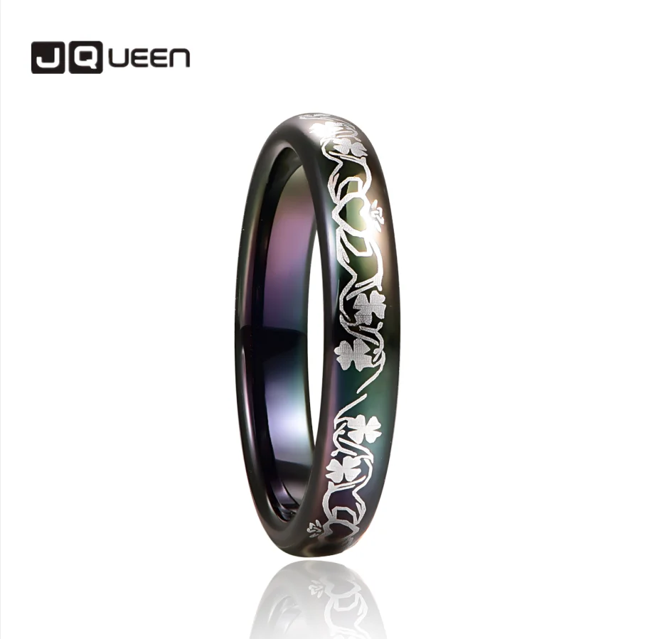 

JQueen 4mm Black Celtic Caldagh Four-leaf Clover Tungsten Carbide Ring Wedding Band for Men Women Comfort Fit Engagement Jewelry