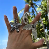 docona ancient silver color fish tail finger rings for women men personality rhinestone carved pattern metal jewelry anillos