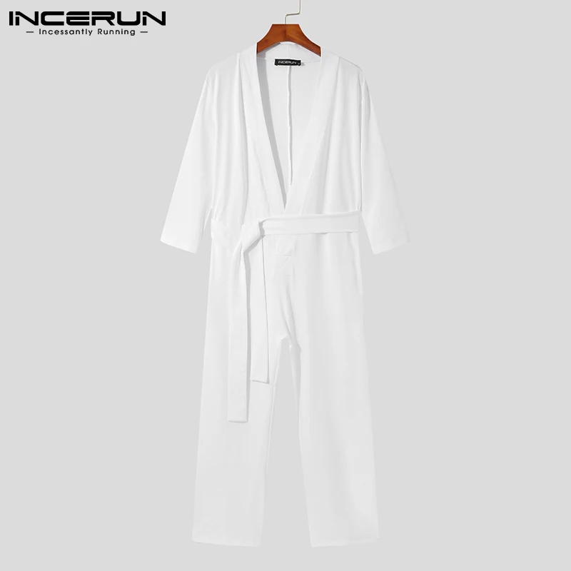 INCERUN Comfortable Homewear New Men Sexy Leisure V-neck Jumpsuits Male Solid Color All-match Simple Sleeve Bodysuits S-5XL 2023
