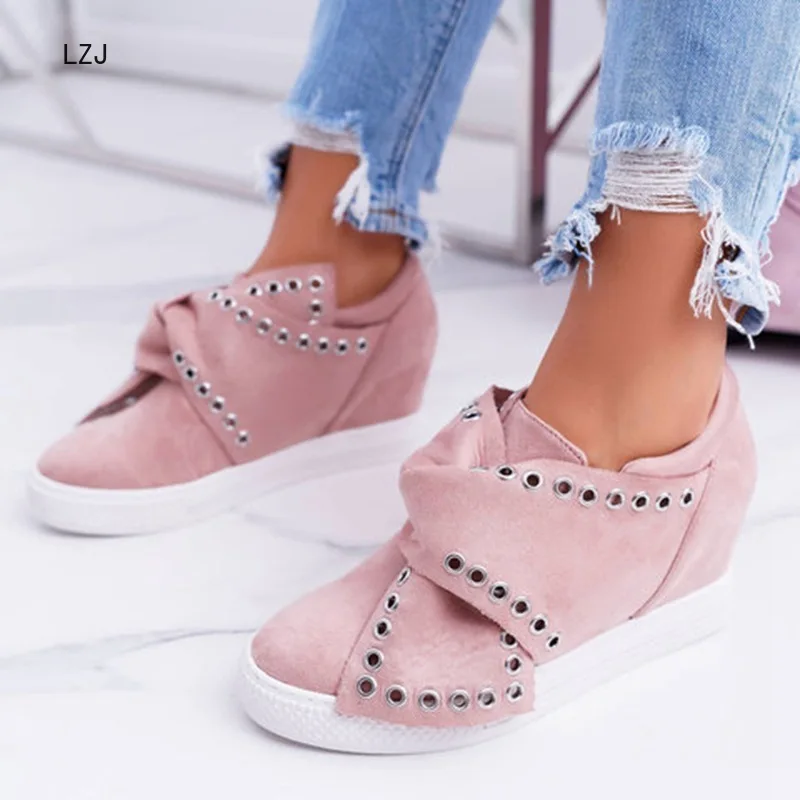 

LZJ 2019 New Autumn Casual Women Sneakers Shoe Fashion Bow Women Breathable Flats Slip On Suede Loafers Female Footwear 35-43