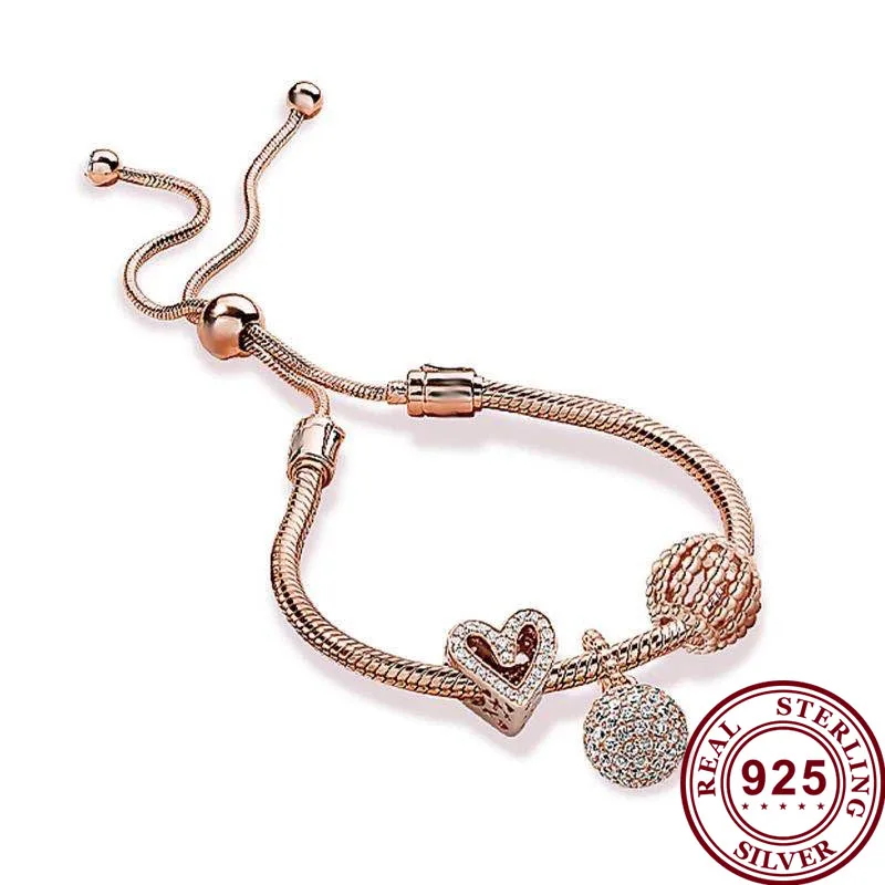 

2020 New S925 Silver Rose Gold Hollow-out Hand-painted Heart Pendant Adjustable Pan Bracelet High Quality Valentine