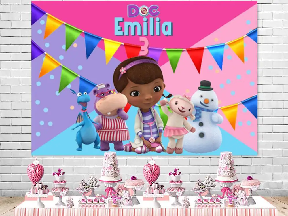 

Custom Doc Mcstuffins Photography Backdrop Girls Happy Birthday Cartoon Photo Background Pink Vinyl Photo Booth Props