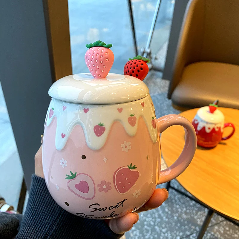 

Ceramic Cup with Lid Spoon Girl's Heart Cute Home Water Cup Breakfast Oatmeal Office Mug Creative Gift