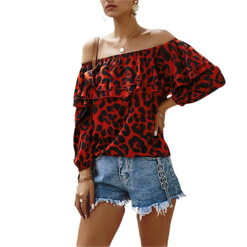 

Women Leopard Off Shoulder Blouse Fashion Ladies Summer OL Casual Long Sleeve Loose Shirt Casual Tops Clubwear