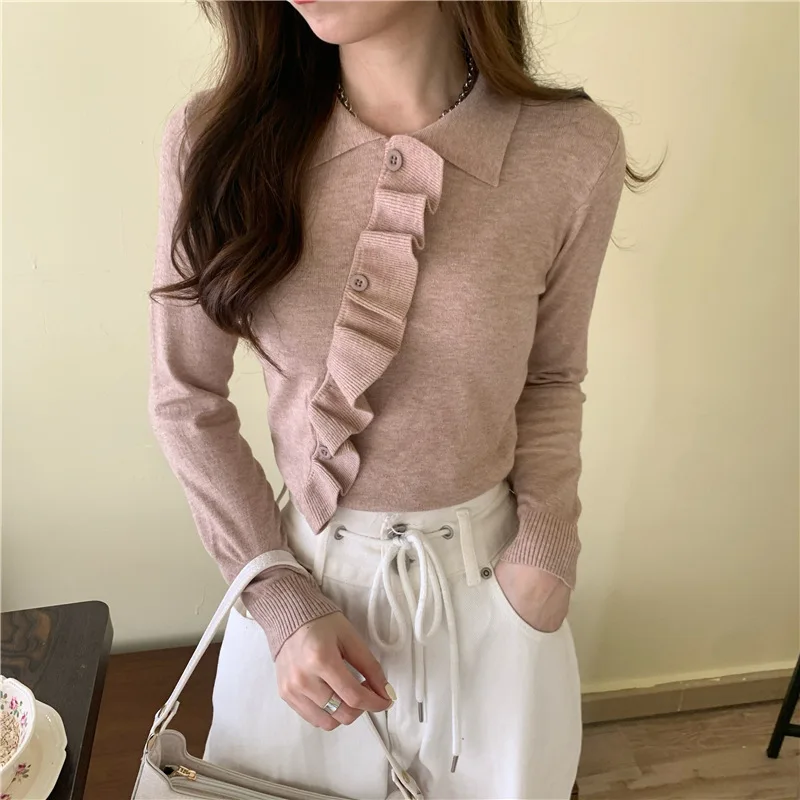 

Gentle wind minority Lapel ear edge sweater for women autumn / winter 2020 new loose top