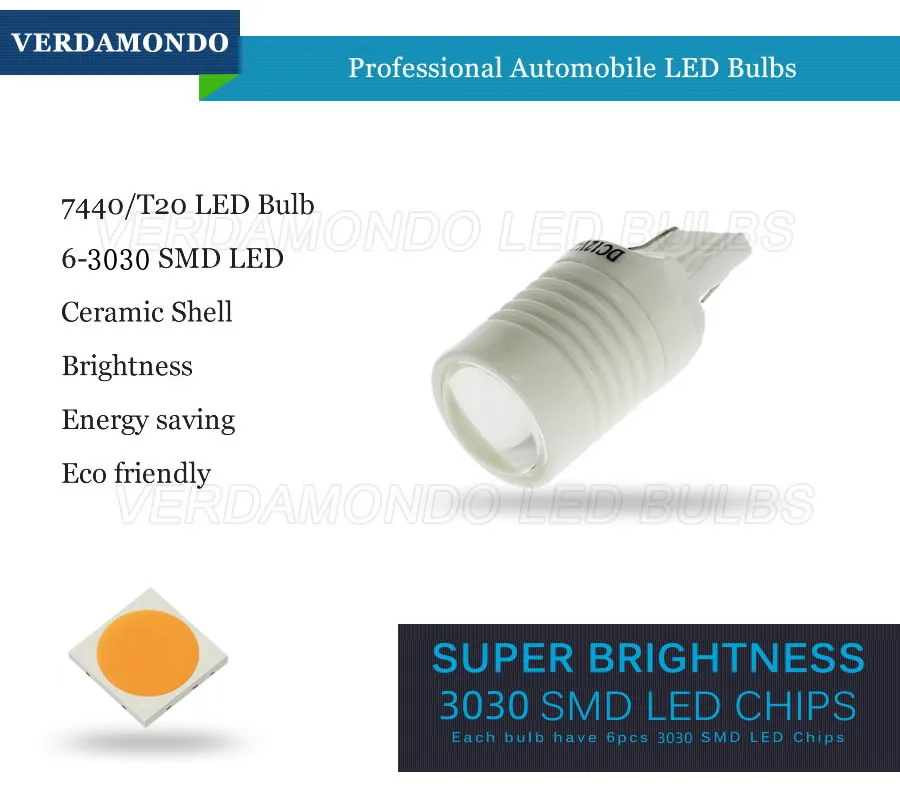 T20 7440 клиновидный 6 SMD 3030 светодиодный керамический корпус DC 12 В белая лампа с