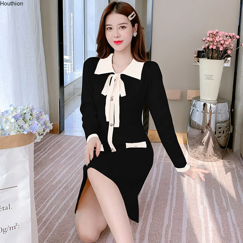 

Knitting Loose Women Dresses New Fashion Casual Long Sleeve Dress A-LINE Knee-Length Solid Color Bow Tie Autumn Houthion