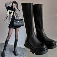 british style small thick bottom below the knee long boots female 2021 autumn leather high top knight slimming smoke pipe boots