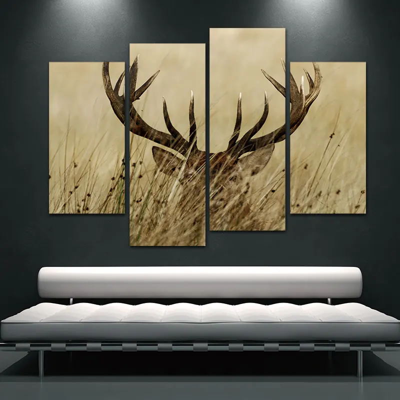 4 панели животных живопись олень Олень с длинным оленьим рогом в кусте Печать на