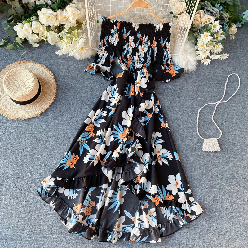 

Women Sexy Slash Neck Beach Dress Summer Strapless Short-sleeved Irregular Ruffled Boho Floral Dresses Woman Vintage Party Dress