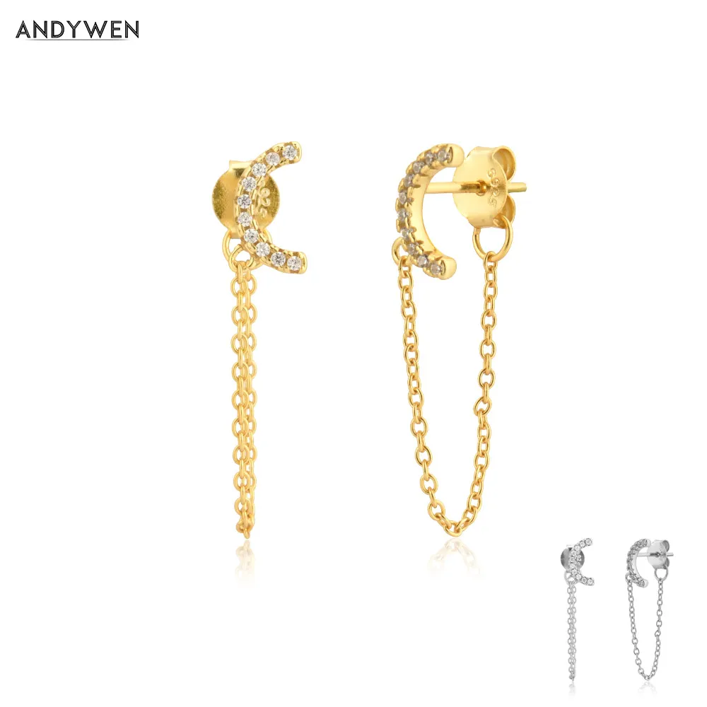 

ANDYWEN 925 Sterling Silver Moon Zircon Pave Stud Earring Chains Long Women Piercing Fashion Crystal Jewelry 2020 Clips Jewels