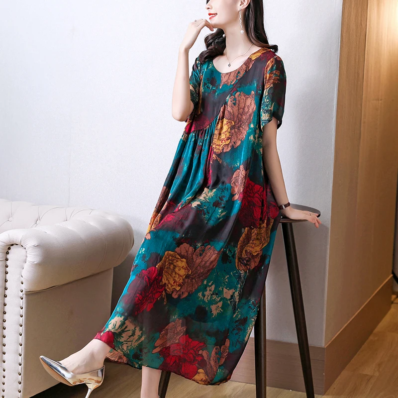 

Women Summer Print Silk Dress Mesh Beach Midi Dress 2021 Vintage Loose 5XL Plus Size Casual Dress Bodycon Elegant Party Vestido