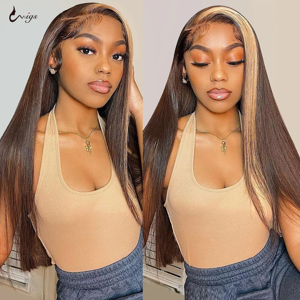 30 inch Highlight Wig Human Hair Straight Highlighted Lace Frontal Wig Colored Human Hair Wigs for Women Ombre Lace Front Wig