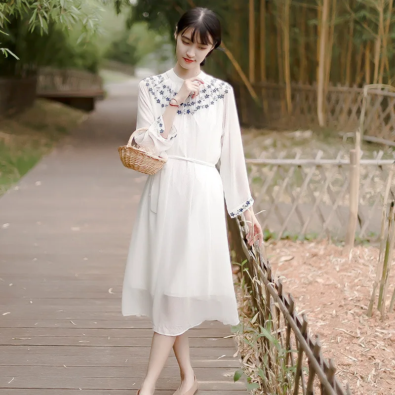 

Artistic Chiffon Dress Embroidery Flower round Neck Daily Retro Hipster Medium-Length Dress Chinese Style