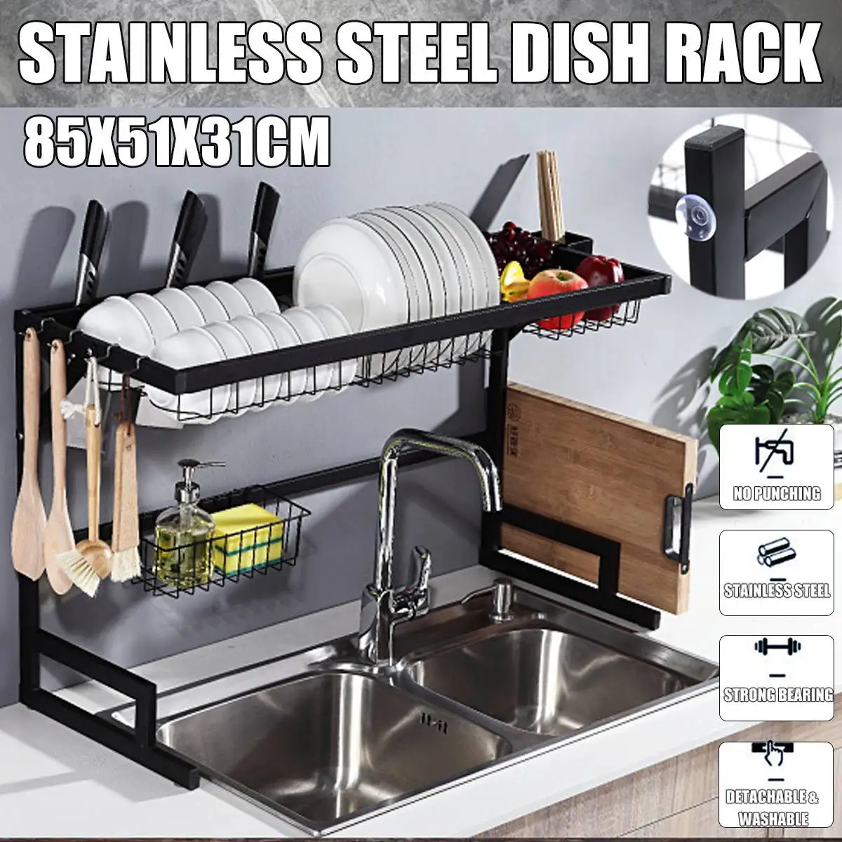 

85cm Stainless Steel Kitchen Shelf Organizer Kitchen Storage Shelves Bowl Dish Drying Rack Utensils Over Sink Kitchen Supplies