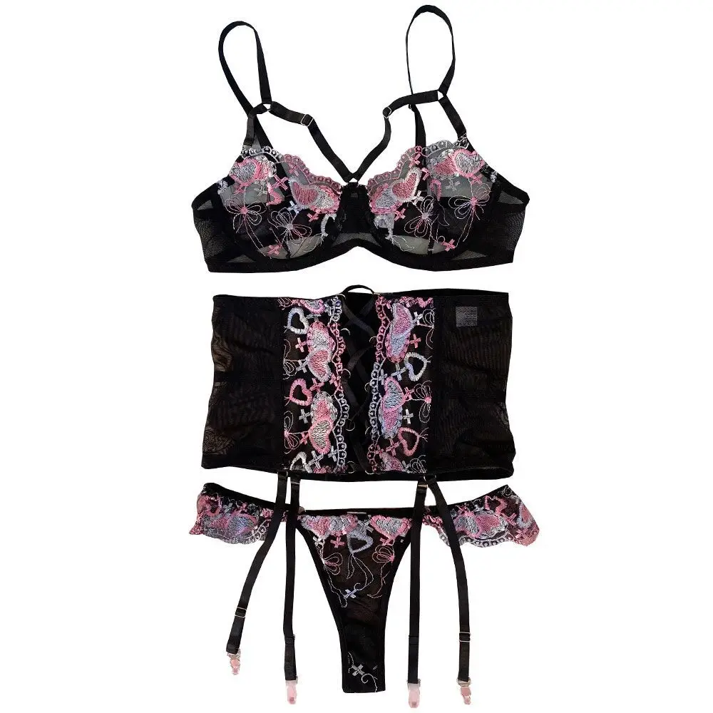 

Floral Lingerie Sexy Exotic Costumes Ruffled Sensual Lingerie Woman Bra with Bones Underwear Set Lingerie 3 Pieces