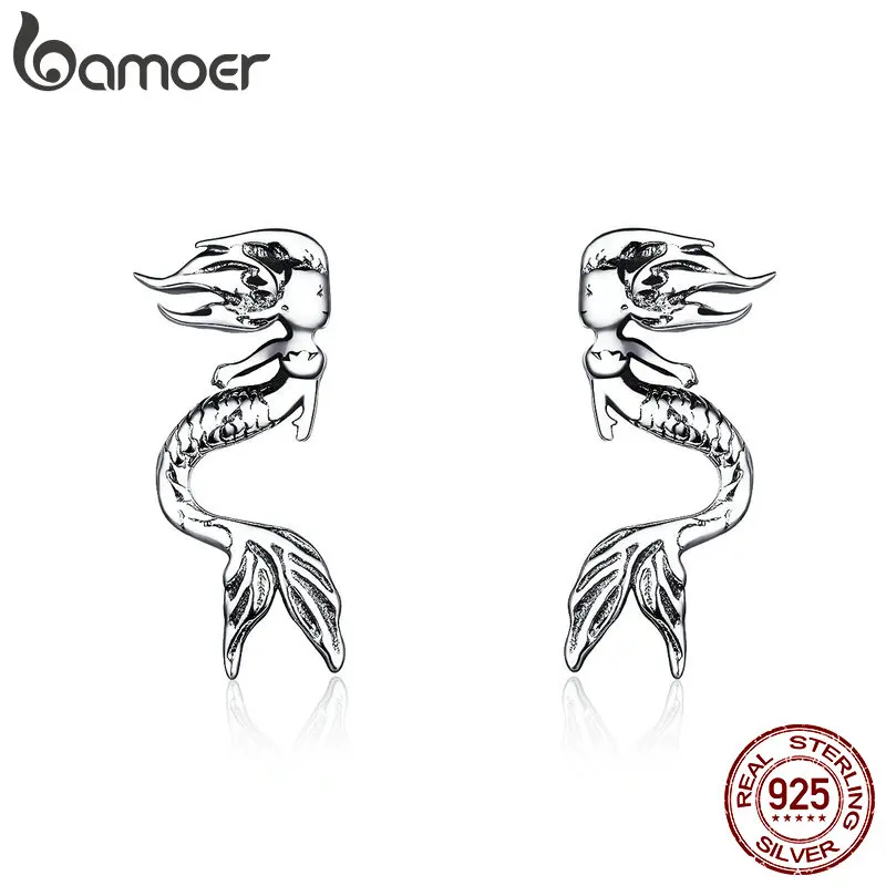 BAMOER, модные серьги, 925 пробы, серебро, Ретро стиль, фигура русалки, серьги-гвоздики для женщин, ушные булавки, подарки для девушек SCE588