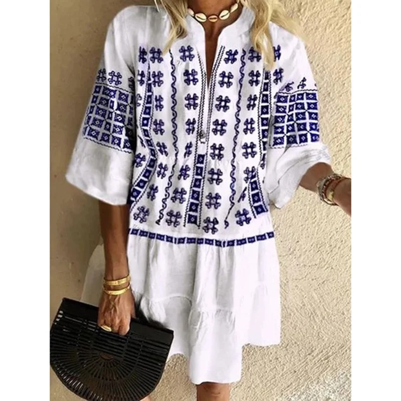 

Bohemian Style Women Dresses Retro Vestido O-neck Female Loose Fashion Dresses Casual Women Dress 2XL