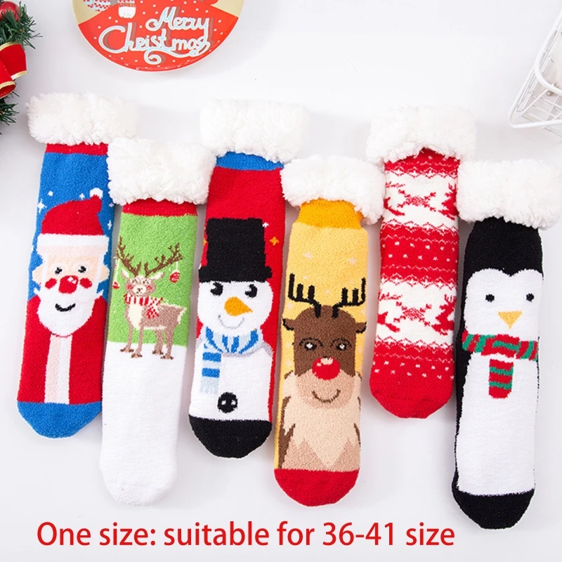 

Winter Women Christmas Fuzzy Plush Lined Slipper Socks Cartoon Santa Snowman Reindeer Home Floor Non Skid Thermal Hosiery