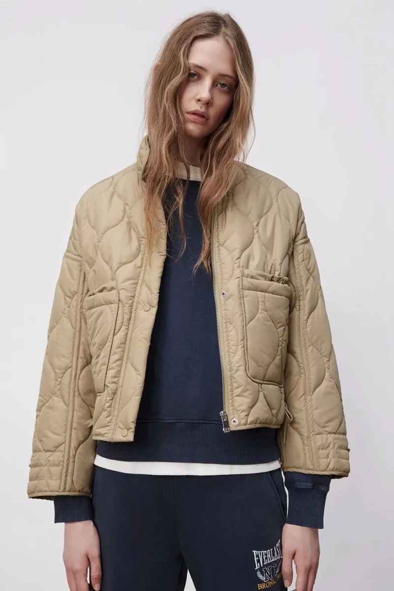 

pring new ladies za stand collar loose drawstring design lightweight cotton jacket short cotton cotton jacket
