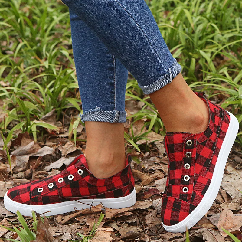 

HKXN 2020 Sspring Autumn New Women's Casual Shoes Platform Flat Heels Loafers Women Plaid Large Size Canvas Shoes T